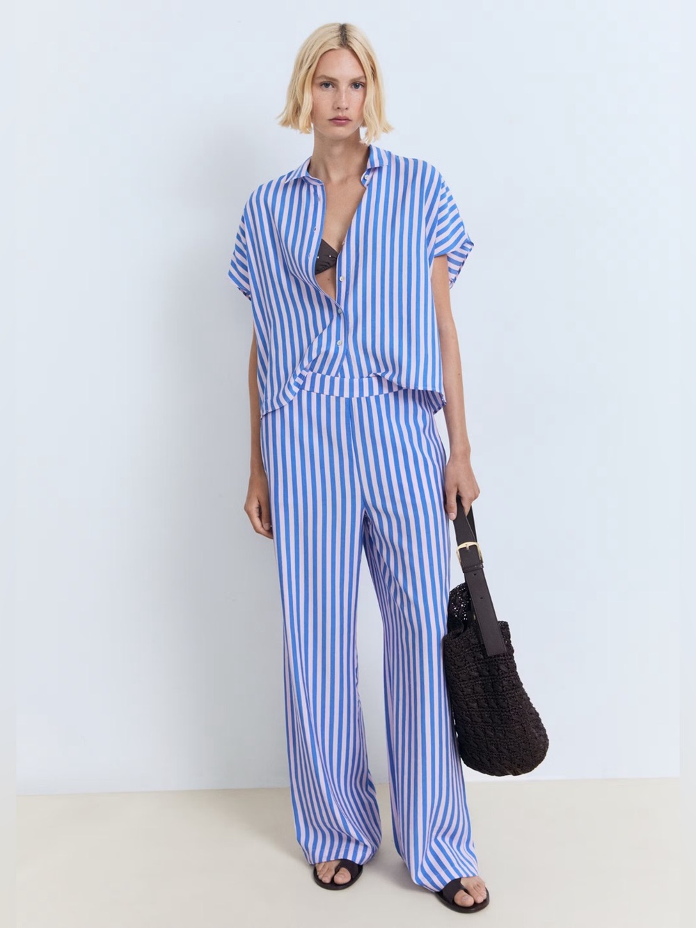 MANGO Striped Blue & Pink Set Wide-Leg Pants and shirt